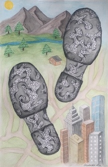 original colored pencil artwork with large central boot soles, background with mountain range and city buildings