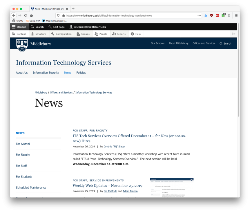 A screenshot of the ITS website's newsroom.