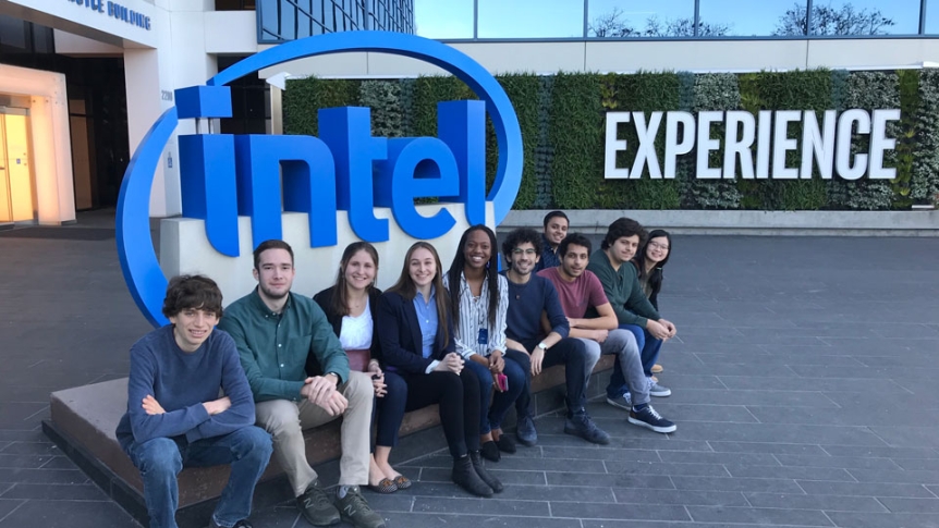 Students pose outside Intel, where the participated in a weeklong Student Trek.