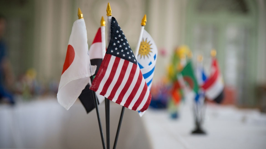Close up of miniature tabletop worldwide flags.