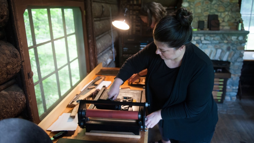 Using the letterpress at Bread Loaf Printers Cabin.