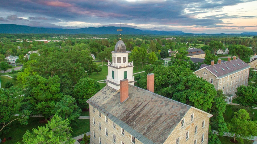Aerial view of Old Chapel looking over the Green Mountains.