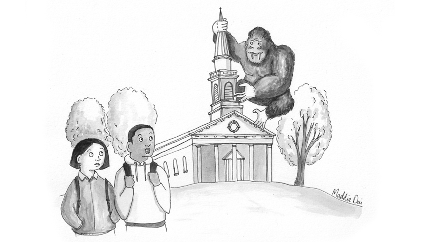 two young adults look up the hill at Mead Chapel, where King Kong is clinging to the spire