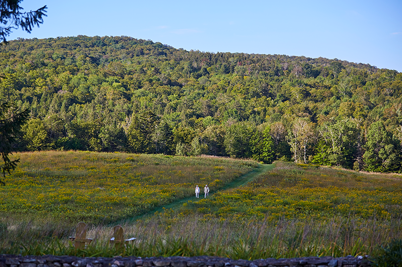 two small figures walking a path towards the Green Mountains
