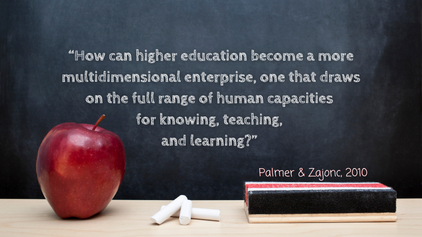 Apple, chalk, and eraser on a table with the background of a chalk board with the quote “How can higher education become a more multidimensional enterprise, one that draws on the full range of human capacities for knowing, teaching, and learning?” from Zajonc and Palmer 2010