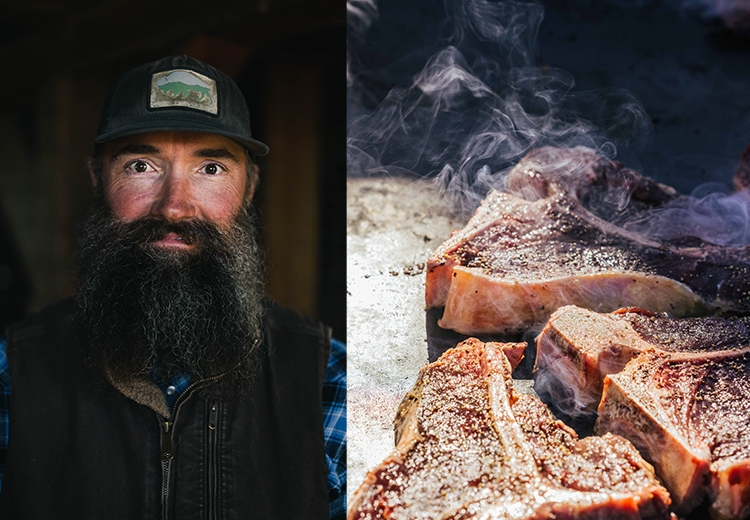 portrait of Matt Skoglund on the left side of the image and bison steal searing on a grill on the left