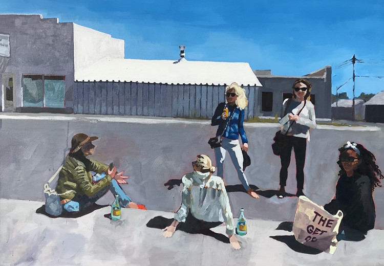 Paining of five friends chatting relaxing on a public sidewalk