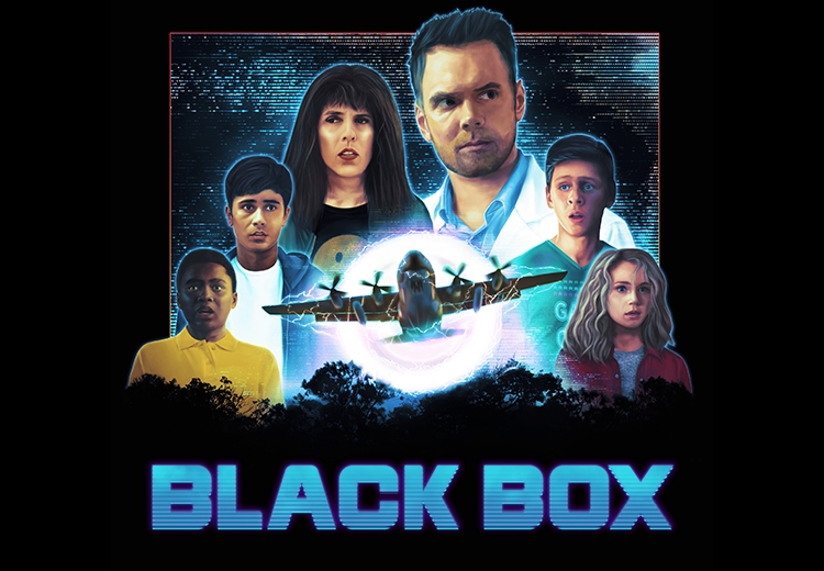 Poster for podcast blackbox featuring cutouts of five people and an airplane flying over a forest at night