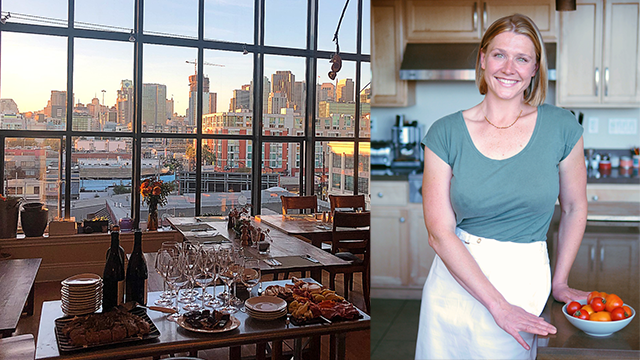 Emily Dellas in the kitchen; fully laid tables in a dining room with floor to ceiling windows