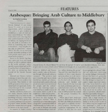 2002 article from the Middlebury Campus newspaper announcing the creation of "Arabesque," a student club devoted to promoting Arab culture on campus. 