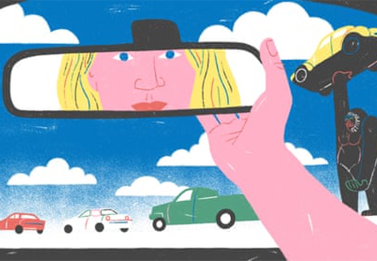Illustration of a woman looking into the review mirrior of her car as the drives by a statue of a gorrilla holding a car with one arm