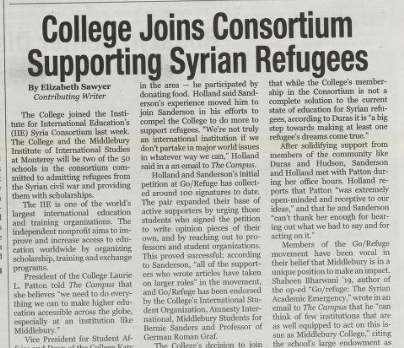 article about Syrian refugees in the March 17 2016 Middlebury Campus newspaper