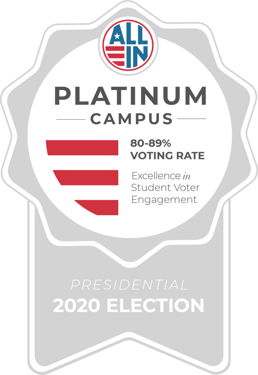 Image of an award medal with the text: All In Platinum Campus. 80-89% voting rate. Excellence in Student Voter Engagement. 2020 Presidential Election.