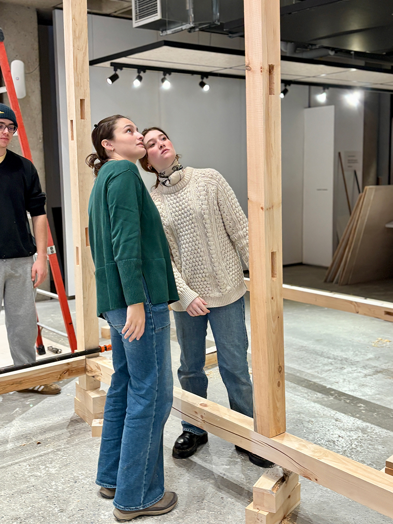 Students lean back look at a wooden structure they're building.