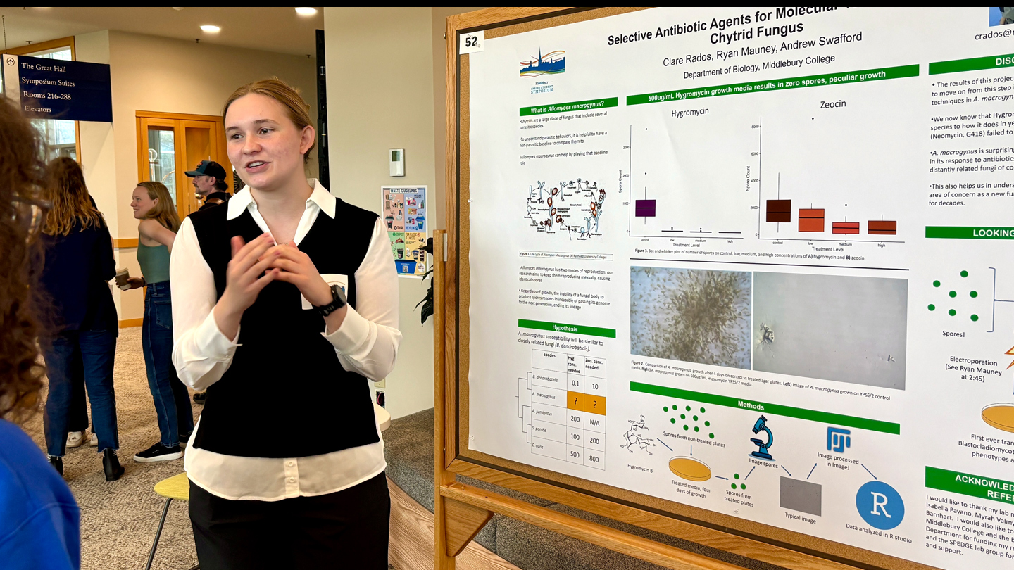 A student presents research findings during a poster session.