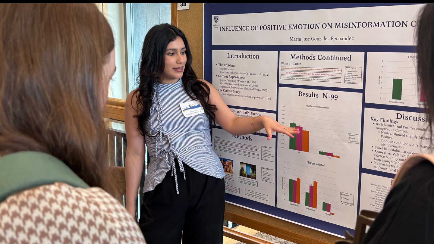 A student presents research findings during a poster session.