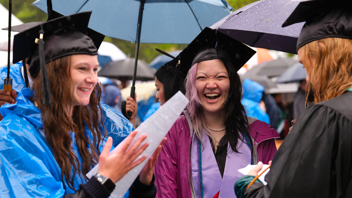 Students at graduation hold umbrellas