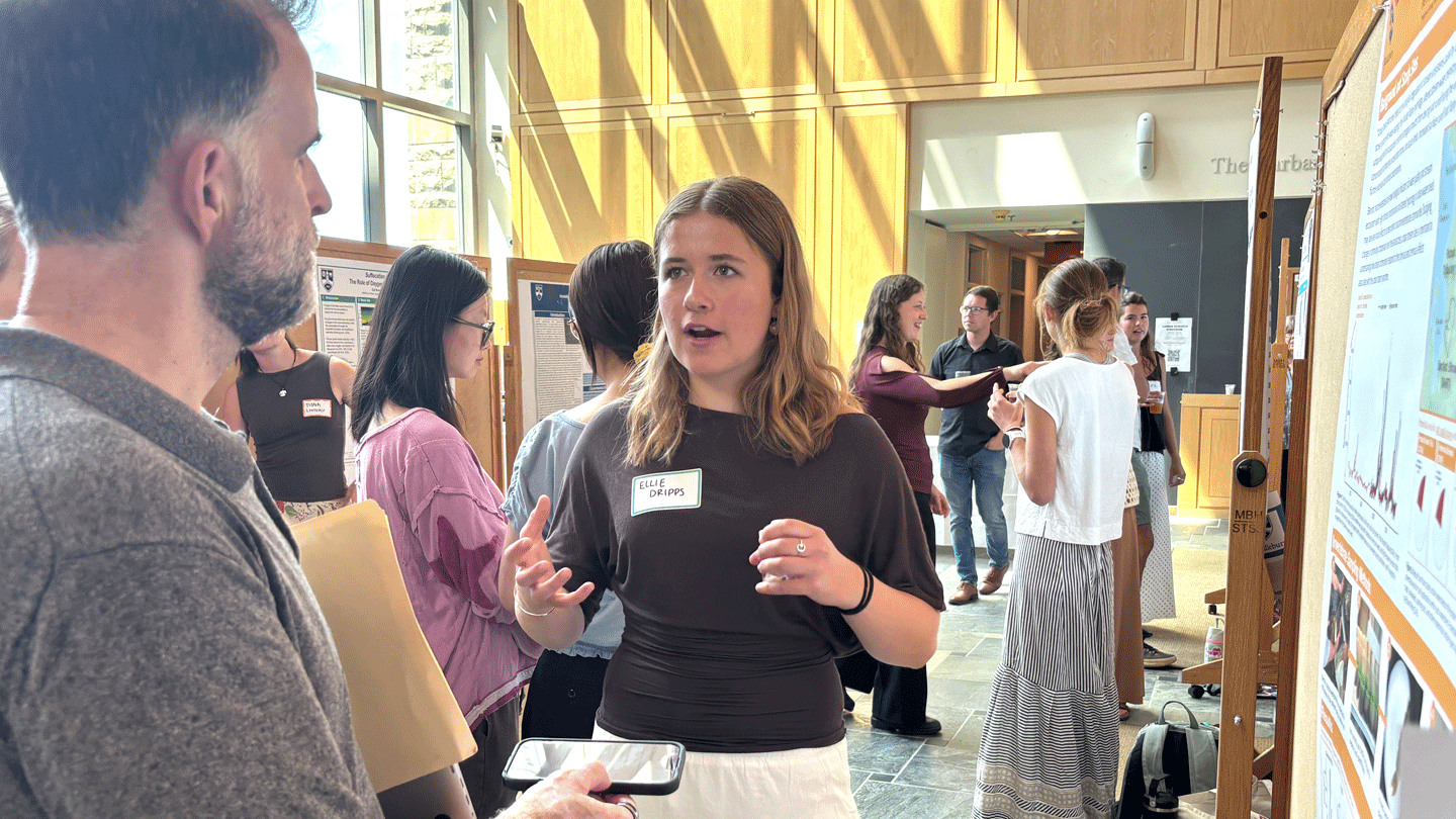A student explains their summer research project at a poster session in McCardell Bicentennial Hall.