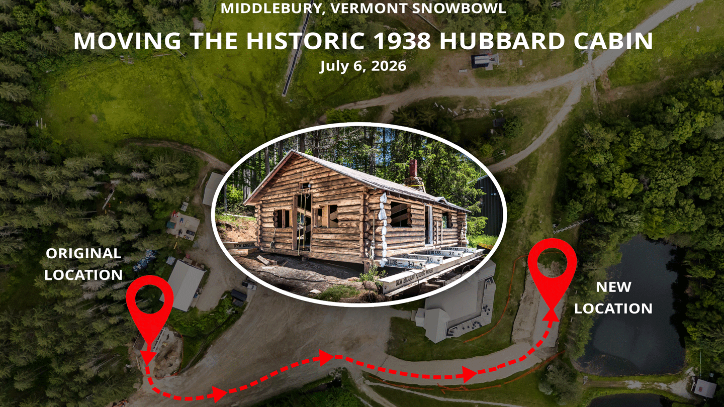 An aerial photo of the historic Hubbard log cabin is marked up to show its path from its original to new location.