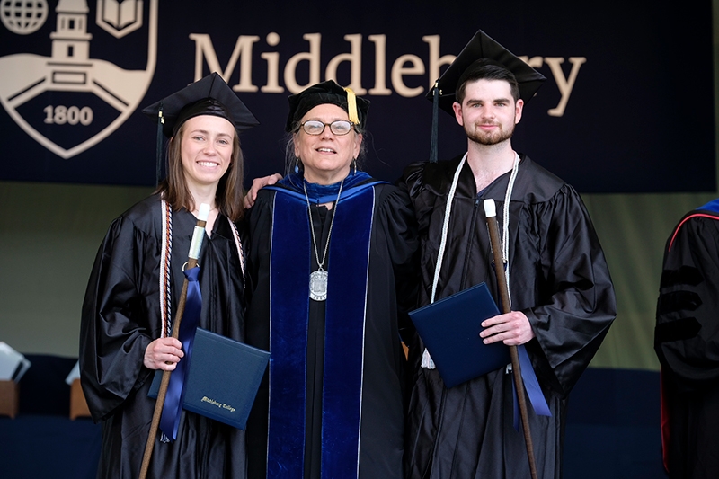 President Laurie Patton with co-valedictorians.
