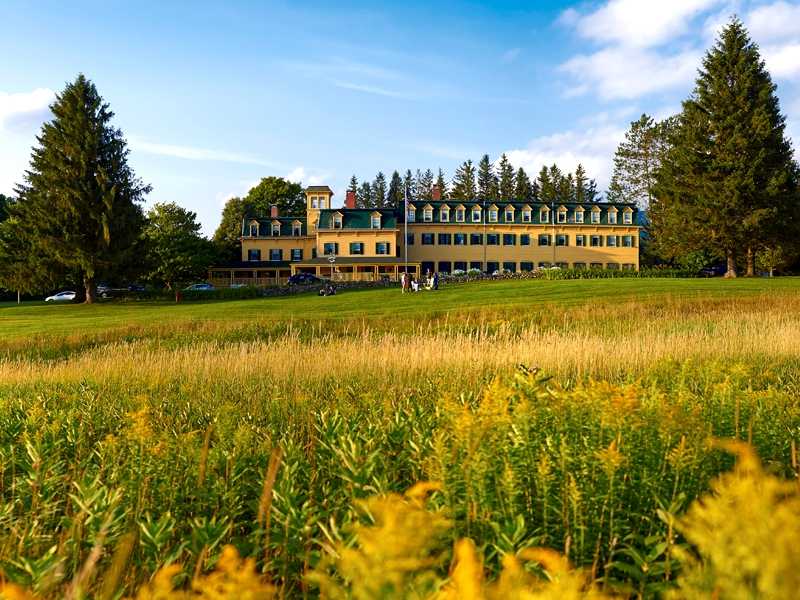 The iconic Bread Loaf campus stands in the distance across a field of golden rod.