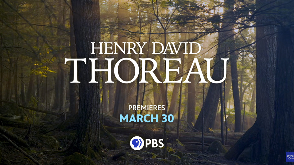Image of a forest with white lettering superimposed on top of the film title "Henry David Thoreau"