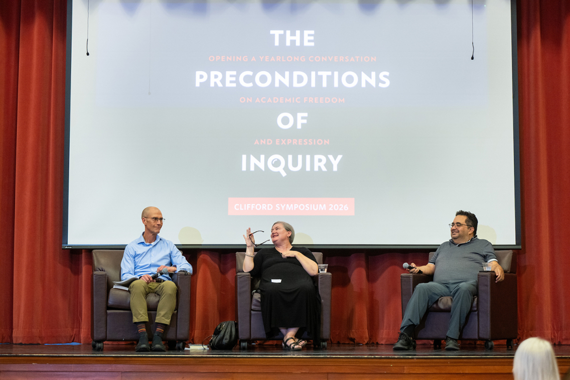 Roberto Lint Sagarena, dean of the faculty and professor of American studies moderating a faculty panel with Bert Johnson, professor of political science, Enrique García, professor of Luso-Hispanic studies, Enrique García, professor of Luso-Hispanic studies, and Ioana Uricaru, professor of film and media culture.  