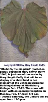 "Rhubarb, the pie plant" (pastel on paper, copyright Mary Smyth Duffy 2000) is just one of the works by Mary Smyth Duffy  that will be on display at a show held in her memory at the Johnson Memorial Buillding Gallery at Middlebury College Feb. 17-22.  The Show will begin with an opening reception on Monday, Feb. 17, from 5-9 p.m.  Tuesday-Saturday, the Gallery will be open from 12-3 p.m.