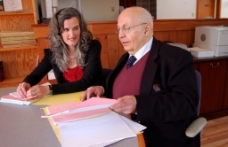 <p>Carolyn Kuebler and Stephen Donadio at work in NER's offices.</p>