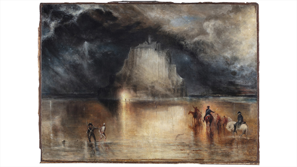 Image of a painting showing a small island in the sea.