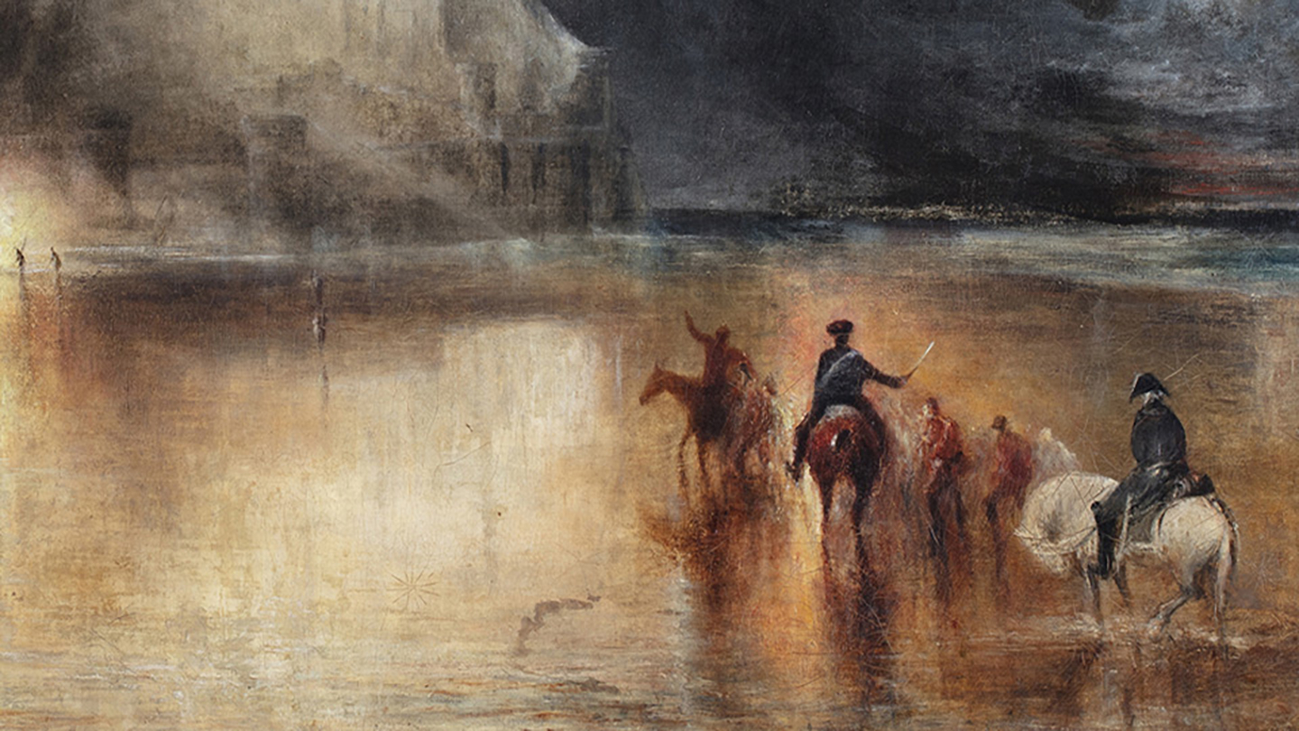 Detail of a painting showing a small island in the sea by J. M. W. Turner