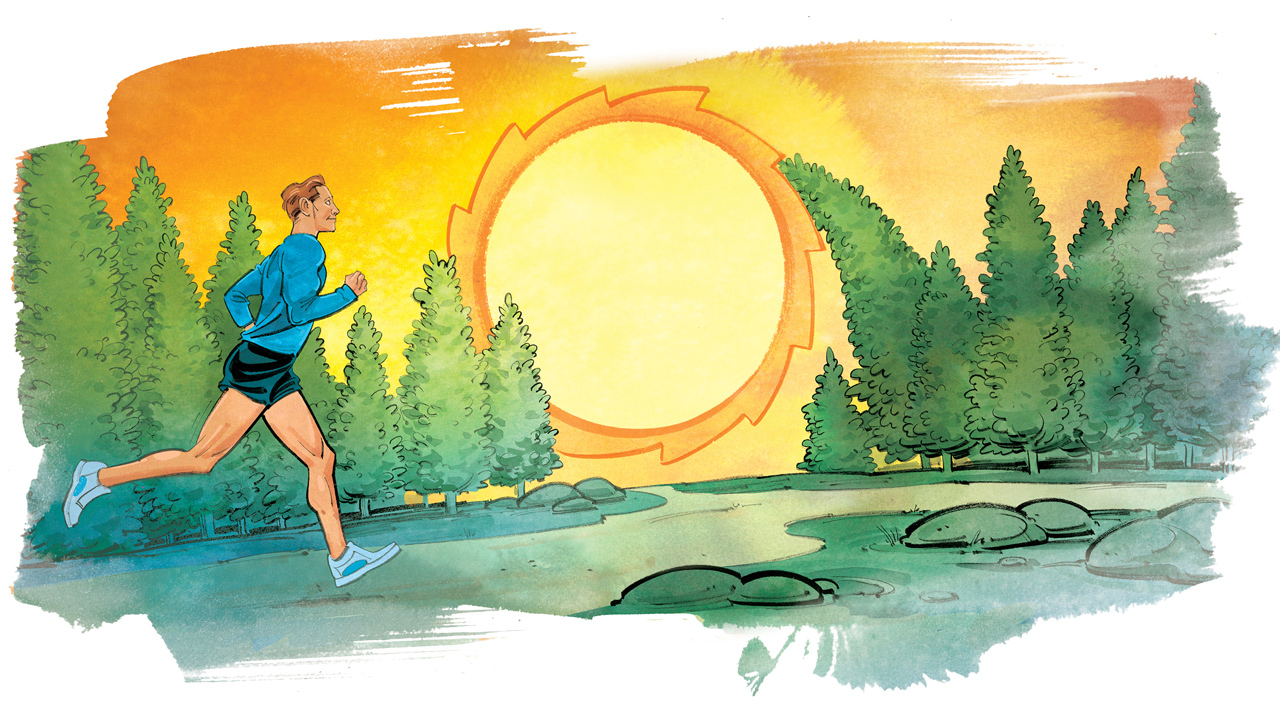 Illustration of a person running past a rising sun.