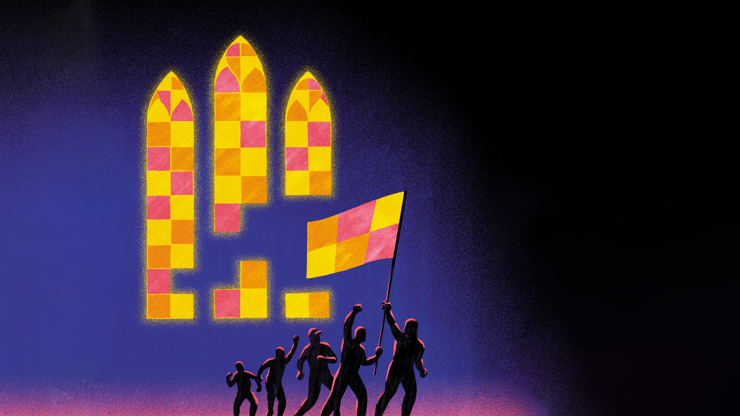 Illustration of marchers with banner taken from stained glass window