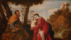 Cabinet Painting” of Titian’s Rest on the Flight into Egypt of c. 1510, 1650s, oil on canvas, 6 ¾ × 9 ¼ inches.