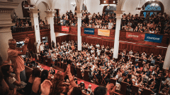 View of Middlebury Chapel from the balcony, filled with Language Schools students at their convocation.
