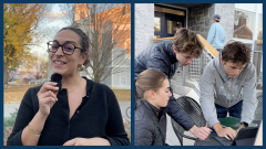 On left, a student speaks into a small microphone. On right, a group of students gathers around a laptop working on something together. 