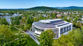 An overhead view of Middlebury College and the surrounding landscape.