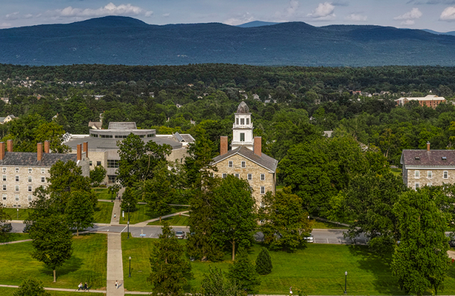 Photo of the Middlebury College campus with Old Chapel in foreground.