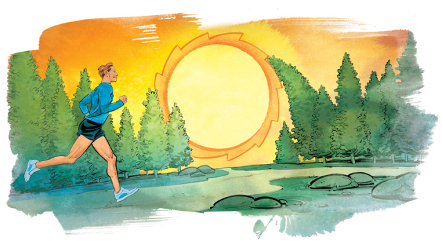 Illustration of person running toward sunrise