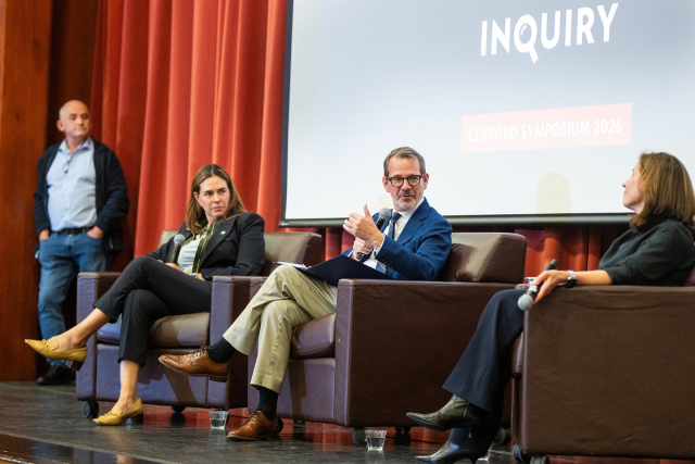 President Ian Baucom sitting on a presidential panel in between Dartmouth President Sian Leah Beilock and Sarah Guyer, dean of arts and humanities at the University of California, Berkeley.