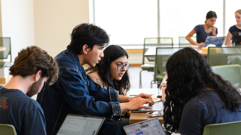 Students at laptop work on a data science project. 