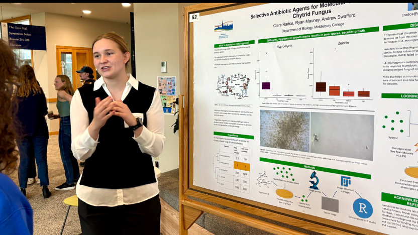 A student presents research findings during a poster session.