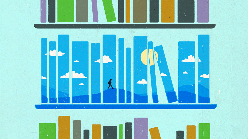 A colorful illustration of a book shelf with the book spines forming a landscape.