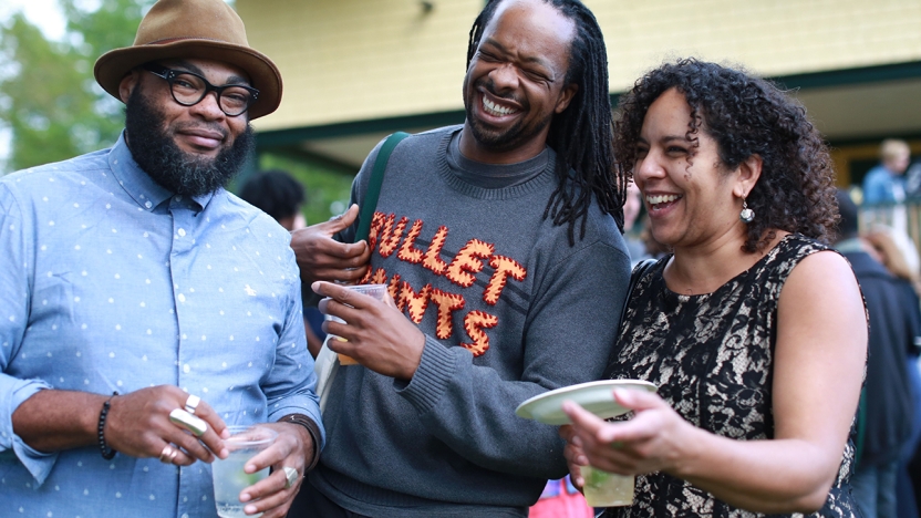 A. H. Jerriod Avant, Jericho Brown, and francine j. harris during the Book Signing Reception on Treman Lawn.