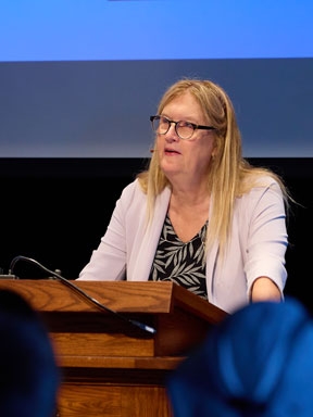 Faculty member Jennifer Finney Boylan offers a lecture in the Little Theater on the Bread Loaf campus.
