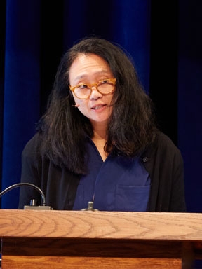 Faculty member Jennifer Chang offers a lecture in the Little Theater on the Bread Loaf campus.